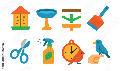 Flat vector icons of bird care essentials: bird feeder, birdbath, perch variety icon, cage cleaning tool, beak trimming item, feather care spray, flight time clock, bird socialization cue.