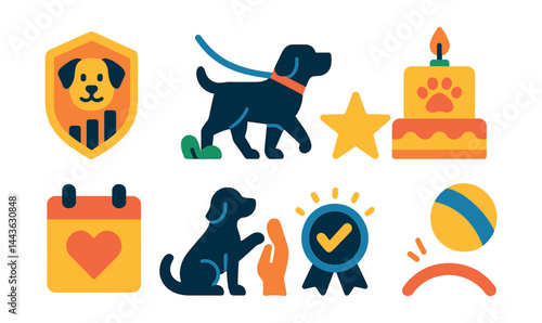 Flat vector icons of pet milestones and achievements: training level badge, first walk icon, healthy checkup star, birthday paw cake, adoption anniversary symbol, trick mastered icon, grooming done