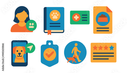Flat vector icons of pet-sitting and caretaking: sitter profile icon, daily logbook, emergency contacts card, feeding instruction sheet, pet photos sent, check-in badge, walk update icon, sitter