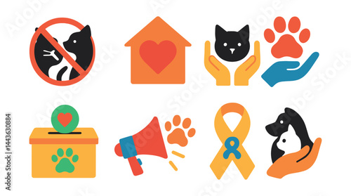 Flat vector icons of animal welfare and advocacy: spay/neuter symbol, shelter heart icon, foster care badge, rescue mission paw, pet donation box, awareness campaign, animal rights ribbon, adoption