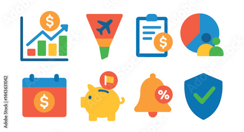 Flat vector icons of travel budgeting tools: cost estimator chart, trip category filter, expense tracking icon, shared budget pie, daily cost log, savings goal icon, discount alert bell, trip refund