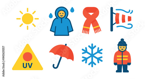 Flat vector icons of weather and seasonal prep: sunny forecast icon, rainy day poncho, cold weather scarf, wind speed gauge, UV index badge, travel umbrella, snow alert icon, weather outfit guide.