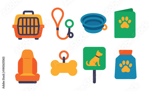 Flat vector icons of pet-friendly travel items: pet carrier icon, travel leash, collapsible water bowl, pet passport folder, pet-safe seat, animal ID tag, pet relief stop icon, travel snack pouch.