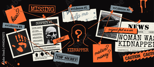 Detective board with crime investigation materials. Grunge collage with fingerprints, photofit of criminal and other evidence to catch kidnapper. Vector illustration in trendy halftone style