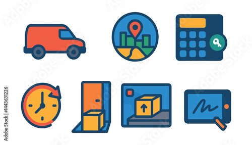 Flat vector icons of last-mile delivery: urban delivery van, route optimization map, delivery zone icon, gate code entry, delivery within hour, apartment drop icon, doorstep photo, signature capture