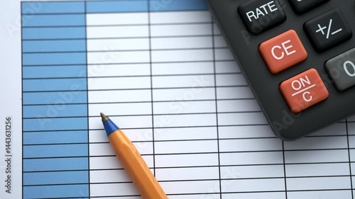 A ballpoint pen and a calculator lying on a blank table. Close up.