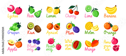 Fruit Label Set. Colorful stickers or patches with fresh tropical fruits, lemon, kiwi, mango and apricot. Design elements for price tags or posters. Cartoon vector illustration isolated on background