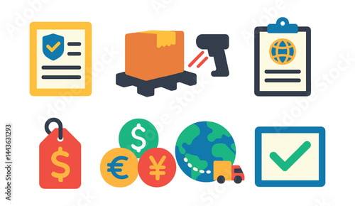Flat vector icons of cross-border shipping: customs declaration icon, export packaging, import scan symbol, international invoice, customs duties tag, multi-currency label, global delivery route,