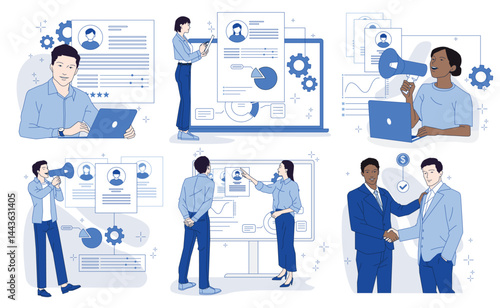 Human resources. Set of scenes with HR staff reviewing resumes and announcing recruitment for vacancy. Hiring employee. Hand drawn outline vector illustration collection isolated on background