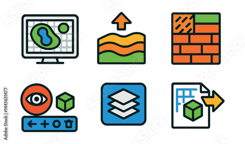 Flat vector icons of 3D garden design planning: layout preview screen, terrain elevation symbol, hardscape layer icon, texture material palette, real-time preview badge, plan-editing toolbar, layer