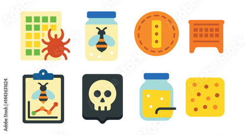 Flat vector icons of bee health and treatment: mite monitoring sheet, sugar roll test icon, treatment strip badge, hive beetle trap, bee behavior observation chart, chalkbrood sign, bee feeding jar,