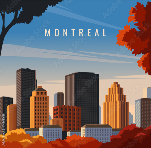 Travel destination poster. Beautiful cityscape of Montreal, Canada. Banner with park landscape and autumn trees against backdrop of skyscrapers and city architecture. Cartoon flat vector illustration