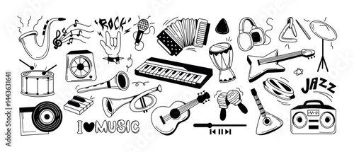 Musical instrument doodle icon set. Black and white simple stickers with piano, guitar, drum and trumpet. Music recording equipment. Hand drawn vector illustration collection isolated on background
