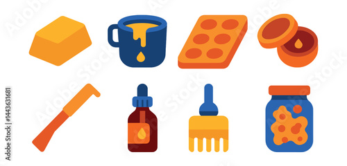 Flat vector icons of wax and propolis use: beeswax block icon, wax melting pot, candle mold tray, salve tin badge, propolis scraper tool, tincture bottle icon, wax comb cleaner, bee resin collection