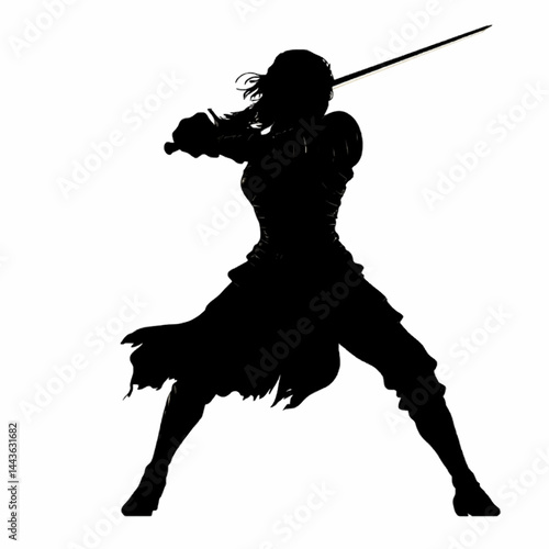 Silhouette vector art shows a black warrior woman and girl with a sword, a powerful weapon