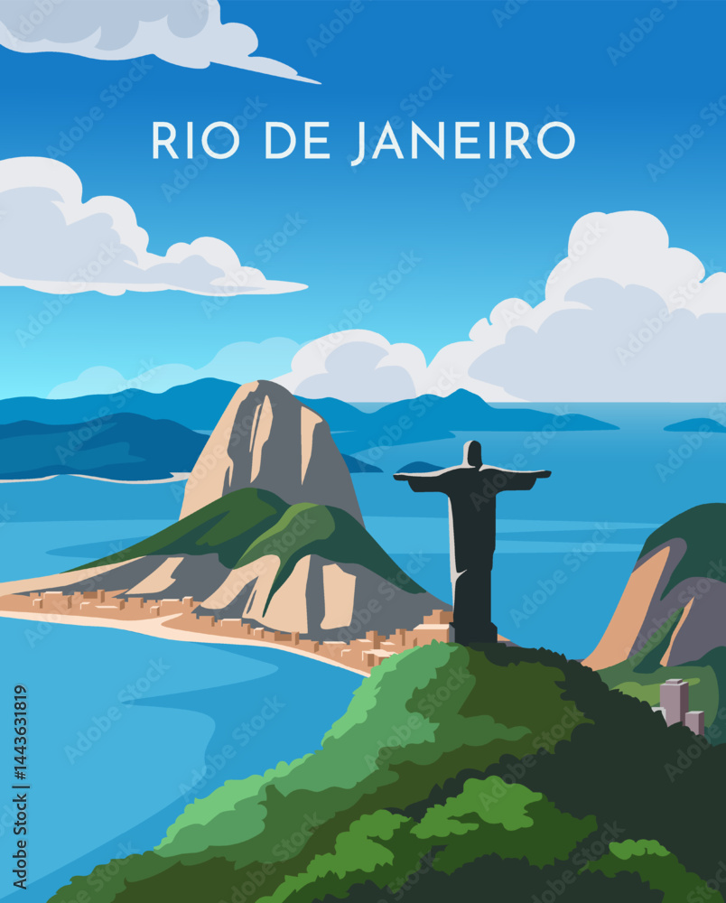 Travel destination poster. Beautiful natural landscape of Rio de Janeiro, Brazil. Scenery with mountains, famous Christ Redeemer statue and ocean. Tourism and journey. Cartoon flat vector illustration