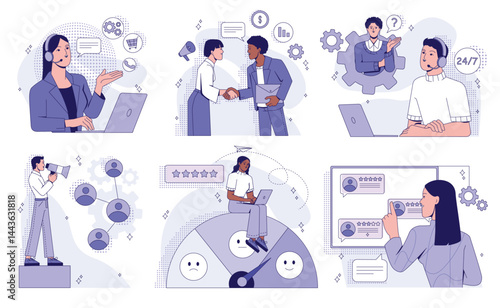 Customer loyalty. Set of scenes with customer support service employees, hotline operators and marketers. Feedback and user reviews. Flat outline vector illustration collection isolated on background