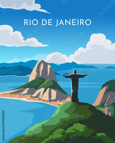 Travel destination poster. Beautiful natural landscape of Rio de Janeiro, Brazil. Scenery with mountains, famous Christ Redeemer statue and ocean. Tourism and journey. Cartoon flat vector illustration