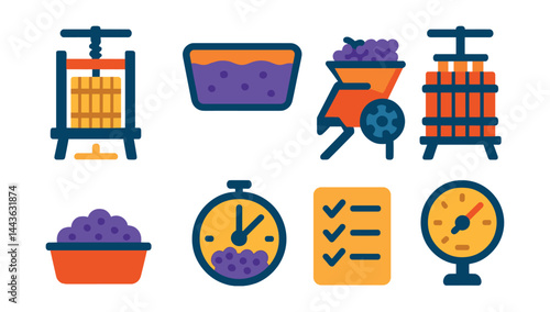 Flat vector icons of wine pressing and extraction: mechanical press icon, juice collection bin, destemmer-crusher unit, basket press symbol, grape pulp tray, skin contact clock, pressing schedule,