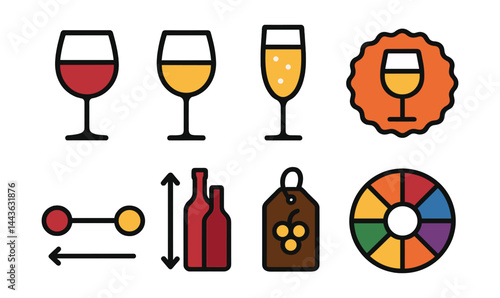 Flat vector icons of wine types and profiles: red wine glass, white wine glass, sparkling wine flute, dessert wine badge, dry vs sweet chart, body profile scale, aroma note tag, wine flavor wheel.