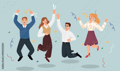 Business Team Celebrates Success. Male and female entrepreneurs or workers jump for joy and happiness. Group of diverse partners achieves goals. Teamwork and collaboration. Flat vector illustration