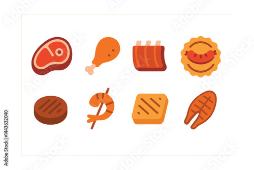 Flat vector icons of BBQ meats and proteins: steak icon, chicken leg, ribs rack, sausage link badge, burger patty, skewered shrimp, grilled tofu, BBQ fish fillet.