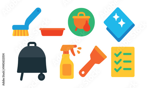 Flat vector icons of BBQ cleaning and maintenance: grill brush icon, ash pan tray, grease tray badge, cleaning cloth, grill cover, oil spray bottle, scraper tool, post-BBQ cleanup list.