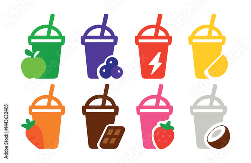 Flat vector icons of smoothie flavors by color: green smoothie blend, purple antioxidant shake, red energy smoothie, yellow tropical burst, orange carrot mango smoothie, brown chocolate protein shake