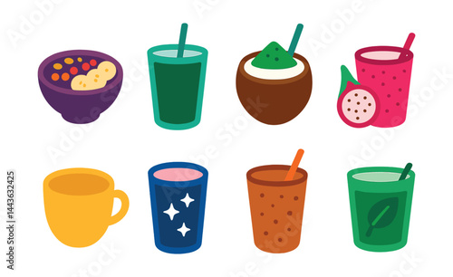 Flat vector icons of exotic and trendy smoothies: açai smoothie bowl, spirulina shake icon, matcha coconut blend, pitaya (dragonfruit) smoothie, golden milk smoothie, collagen boost blend, maca root