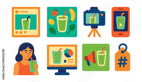 Flat vector icons of smoothie lifestyle influencers: social media post icon, smoothie flatlay photo, content creation setup, smoothie reel camera, influencer tasting moment, smoothie blog chart,
