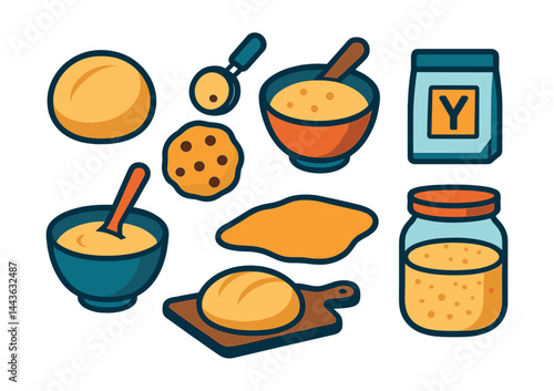 Flat vector icons of doughs and batters: bread dough ball, cookie dough scoop, cake batter bowl, rolled-out dough sheet, rising dough in bowl, yeast packet, kneaded dough on board, sourdough starter