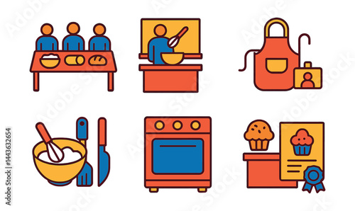 Flat vector icons of baking class environments: group baking table, instructor demo setup, student station with tools, printed recipe packet, apron and name tag, tasting counter icon, classroom oven,