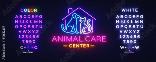 Pet logo with dog, cat, neon, animal, and shop elements featuring the text Animal Care Center. Glowing house outline and colorful lettering on dark brick background.