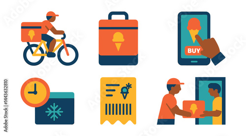 Flat vector icons of frozen dessert delivery: ice cream bike courier, thermal delivery bag, online ice cream order, mobile app with cone icon, scheduled frozen delivery, tracking number label, frozen