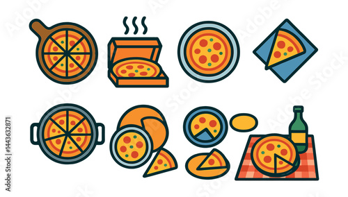 Flat vector icons of pizza serving styles: whole pizza on board, pizza box with steam, pizza on plate, slice on napkin, sharing tray, pizza party plate, personal size pizza, picnic pizza setup.