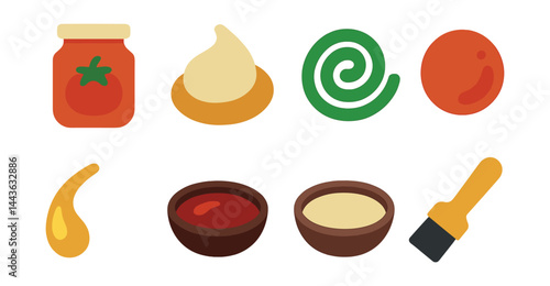 Flat vector icons of pizza sauces and bases: tomato sauce jar, creamy garlic base, pesto swirl, spicy red sauce, olive oil drizzle, BBQ sauce dish, white sauce bowl, pizza brush spreader.