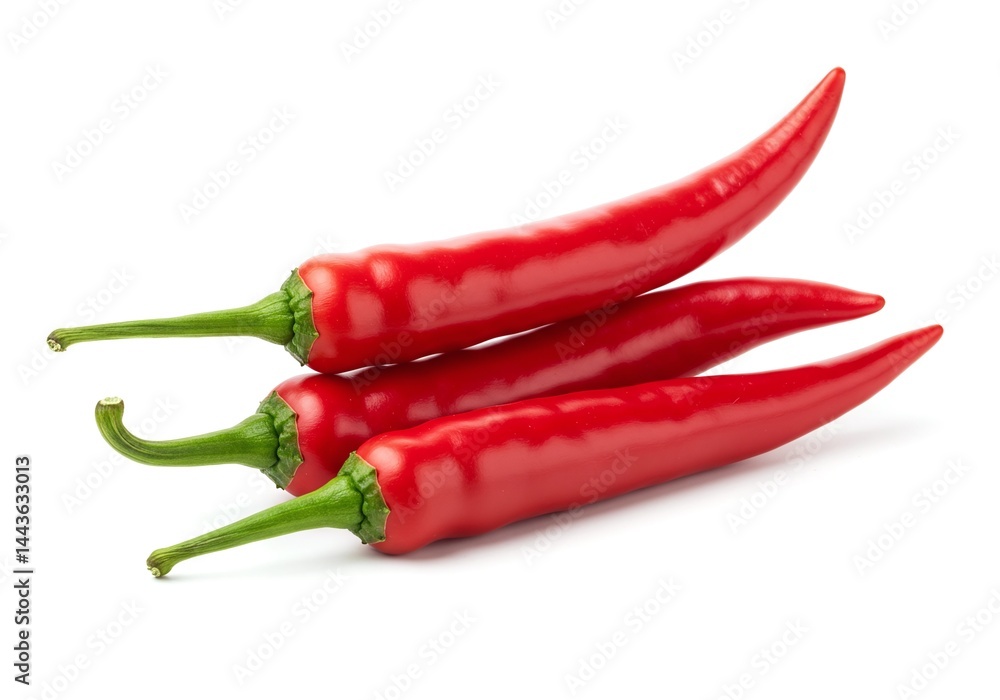 Three fresh red chili peppers with green stem isolated on white background Three fresh red chili peppers with green stem isolated on white background