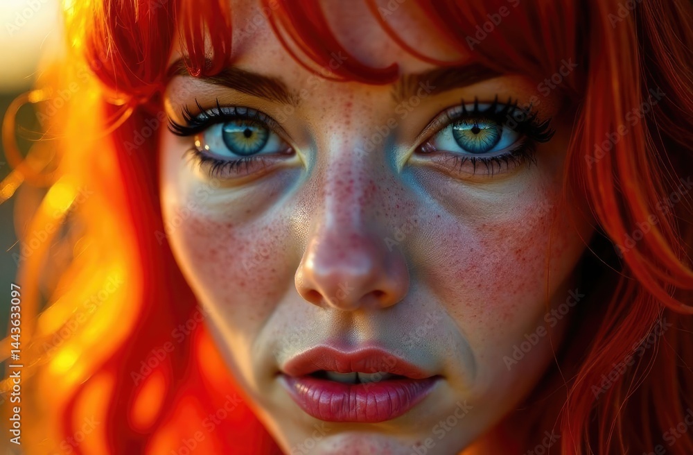 Portrait of a redhaired woman standing among lush greenery with intense gaze Portrait of a redhaired woman standing among lush greenery with intense gaze