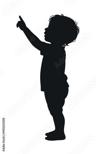 Silhouette Of A Curious Toddler Pointing Upwards With Innocent Wonder On A White Background
