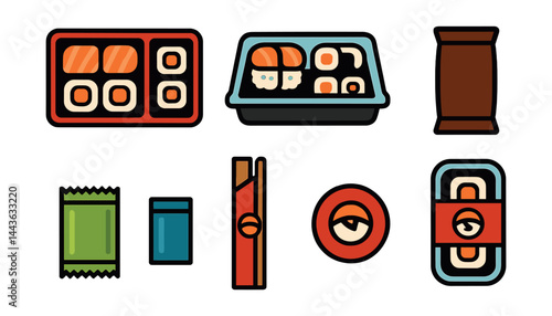Flat vector icons of sushi packaging and takeout: sushi in bento box, clear lid tray, eco sushi box, soy sauce packet, wasabi sachet, disposable chopsticks, logo sticker seal, labeled roll packaging.