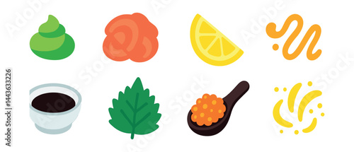 Flat vector icons of sushi garnishes and toppings: wasabi dollop, soy sauce in dish, thin sliced ginger, lemon wedge, shiso leaf, spicy mayo drizzle, tobiko roe spoon, yuzu zest.