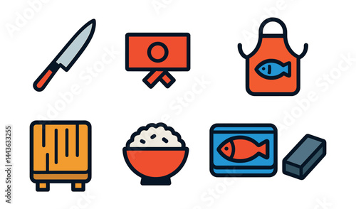 Flat vector icons of sushi chef essentials: sushi chef knife, folded headband icon, clean cloth, apron with fish icon, bamboo board, chef’s rice bowl, fish filleting tray, sharpening stone.