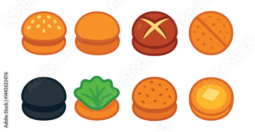Flat vector icons of burger buns and bases: sesame bun top, brioche bun, pretzel bun icon, gluten-free bun, charcoal black bun, lettuce wrap burger, whole wheat bun, toasted bun with butter.