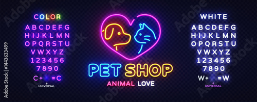Pet logo with dog, cat, neon, animal, and shop vibes, including the text Pet Shop Animal Love.Glowing heart frame, stylized heads, and vivid brick wall contrast.
