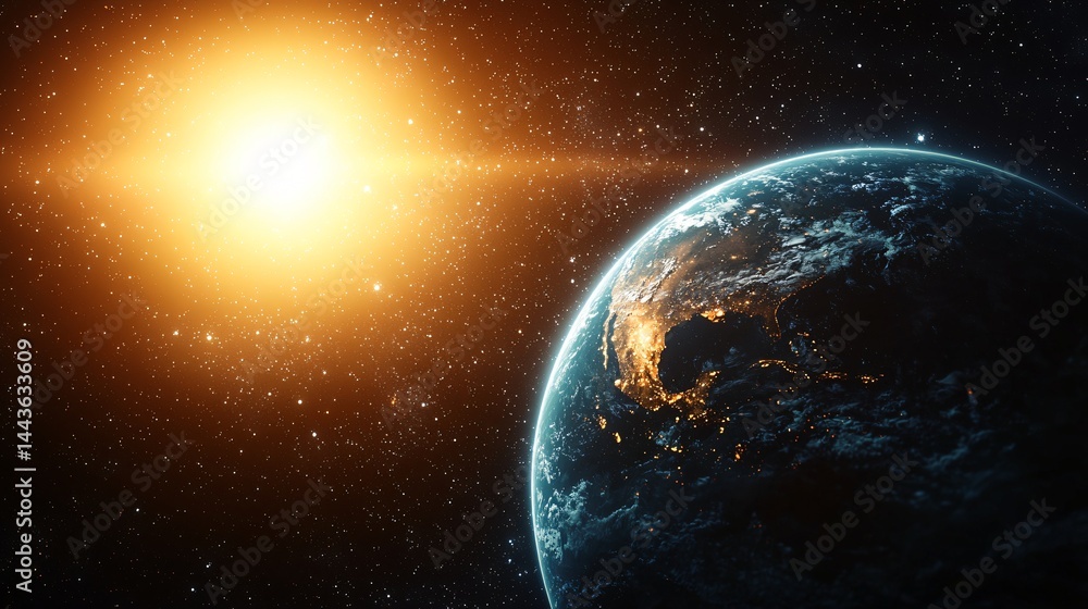 Fototapeta premium Stunning perspective of earth and the sun in a cosmic landscape highlighting the planet's vibrant colors against the expansive space background