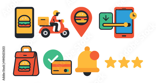 Flat vector icons of burger delivery and ordering: mobile burger app, delivery scooter with box, location pin with burger icon, ETA tracker screen, burger in thermal bag, online payment icon, app