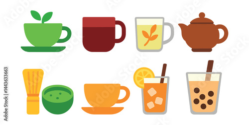 Flat vector icons of tea drinks: green tea cup, black tea mug, herbal infusion glass, oolong tea pot, matcha whisked bowl, chai tea in cup, iced lemon tea, bubble milk tea with tapioca pearls.