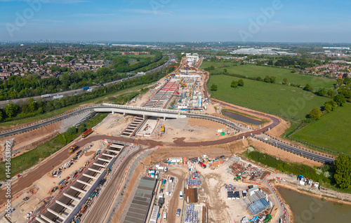 Aerial view of the extensive HS2 construction site at Water Orton and Coleshill near Birmingham, UK