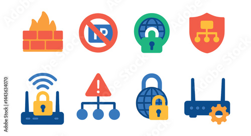 Flat vector icons of network security tools: firewall icon, blocked IP address, private network badge, port scan shield, secure Wi-Fi router, intrusion detection alert, network encryption, router