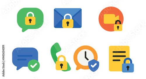 Flat vector icons of secure communication tools: encrypted message bubble, secure email icon, voice call with lock, private video chat badge, chat verification icon, data-safe sharing icon, message